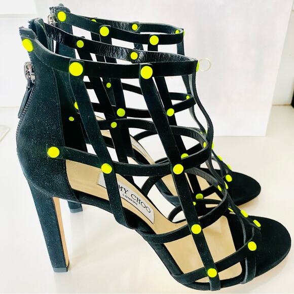 NEW JIMMY CHOO Black Neon Yellow Studded Tina Caged Heel Stiletto Sandals 40 10 - Picture 8 of 16